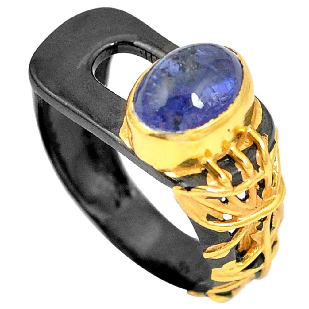 Natural blue tanzanite black rhodium 925 silver 14k gold ring size 8.5 m38663