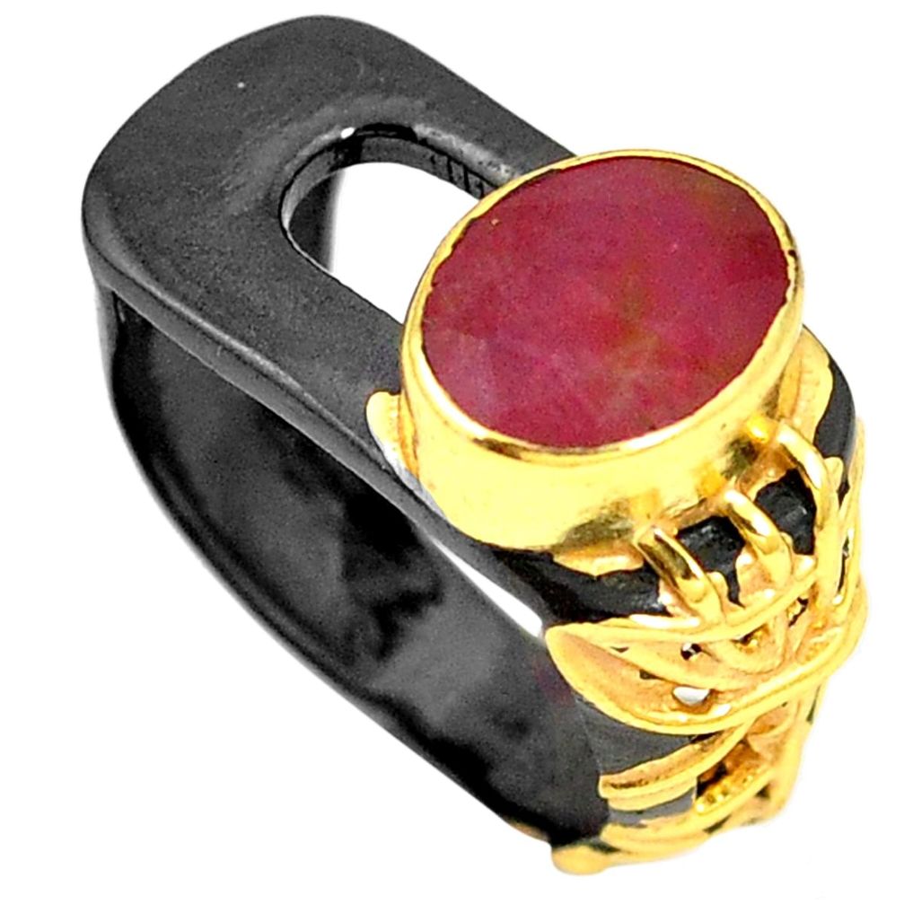 Natural red ruby black rhodium 925 sterling silver 14k gold ring size 6.5 m38665