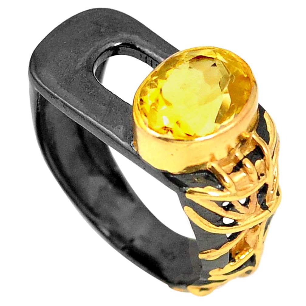 Natural yellow citrine black rhodium 925 silver 14k gold ring size 7.5 m38670