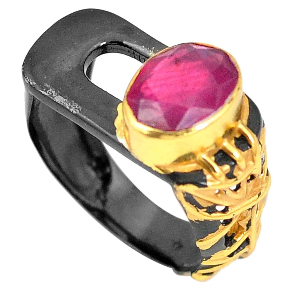 Natural red ruby black rhodium 925 sterling silver 14k gold ring size 8.5 m38677