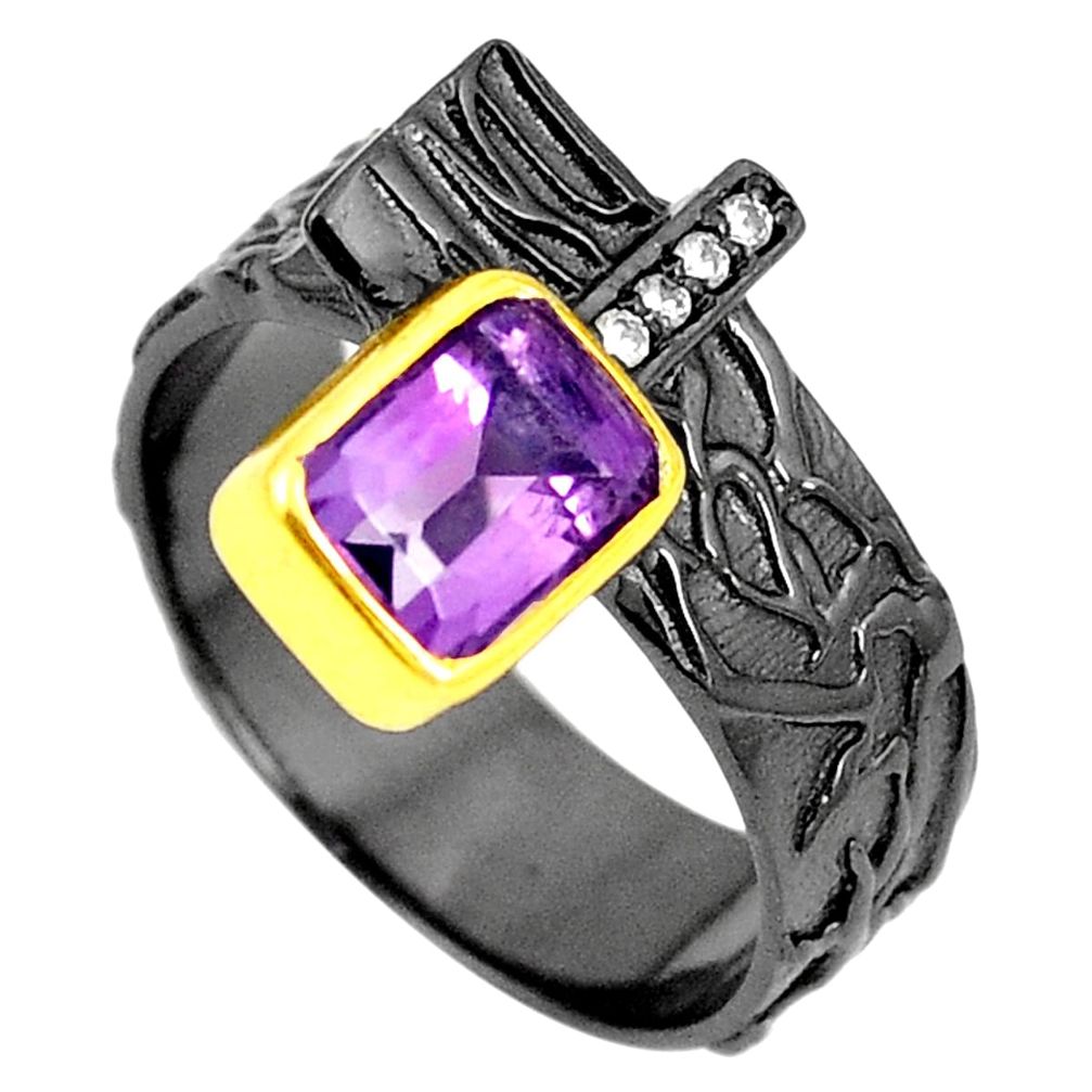 Natural purple amethyst rhodium 925 silver gold adjustable ring size 8.5 m38772