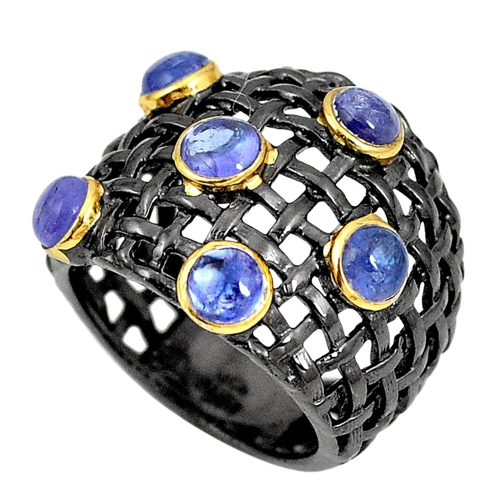 Natural blue tanzanite rhodium 925 sterling silver 14k gold ring size 6 m38838