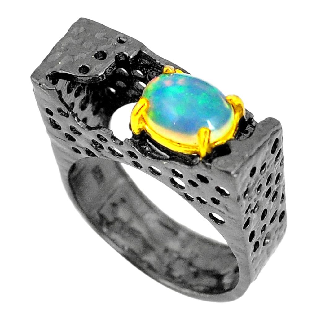Natural multi color ethiopian opal rhodium 925 silver gold ring size 8 m38856