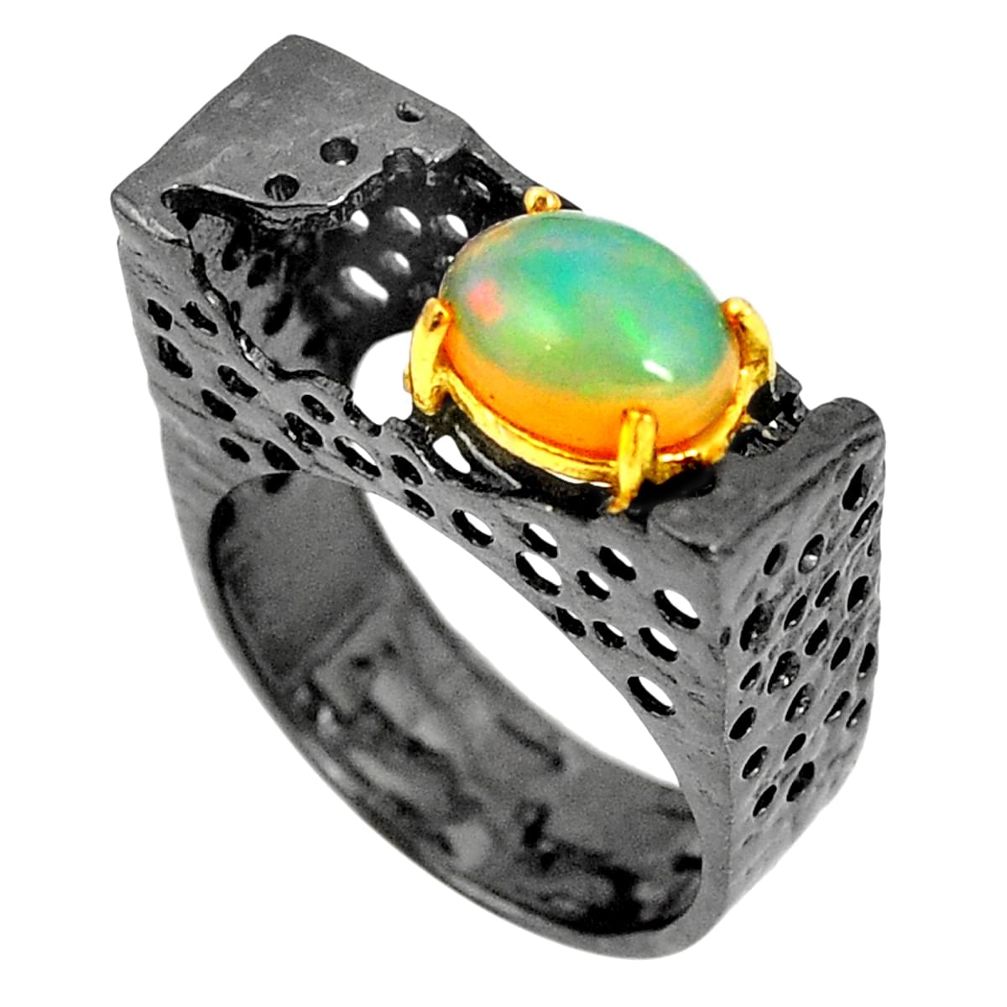 925 silver natural multi color ethiopian opal rhodium gold ring size 6.5 m38857