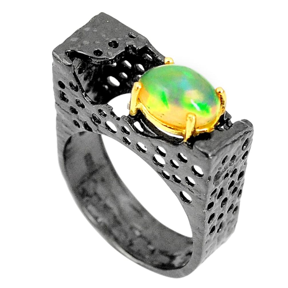 925 silver natural multi color ethiopian opal rhodium gold ring size 7.5 m38860