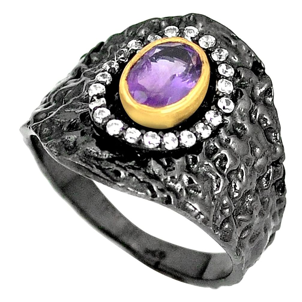 Natural purple amethyst topaz rhodium 925 silver 14k gold ring size 8.5 m38871