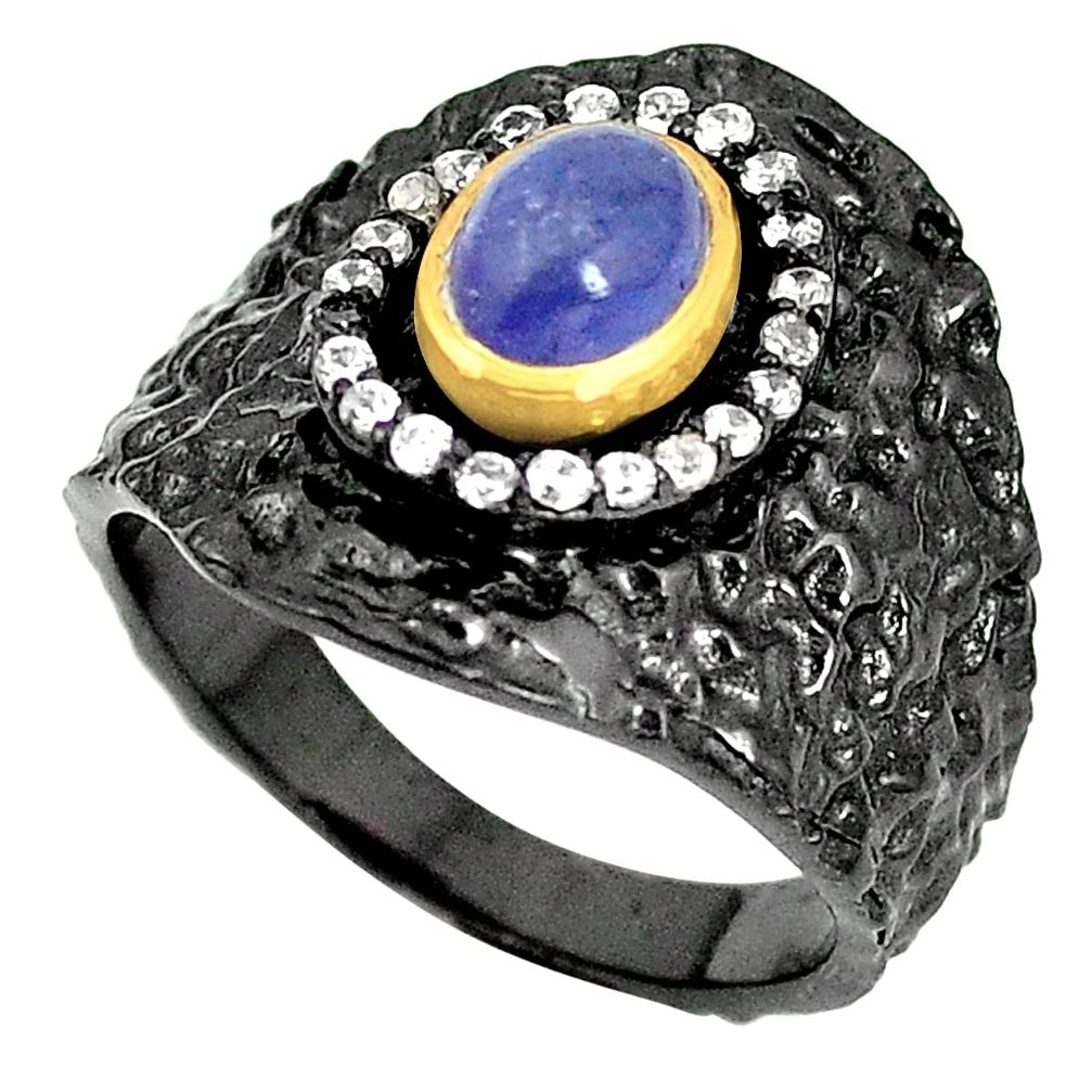 Natural blue tanzanite topaz rhodium 925 silver 14k gold ring size 7.5 m38875