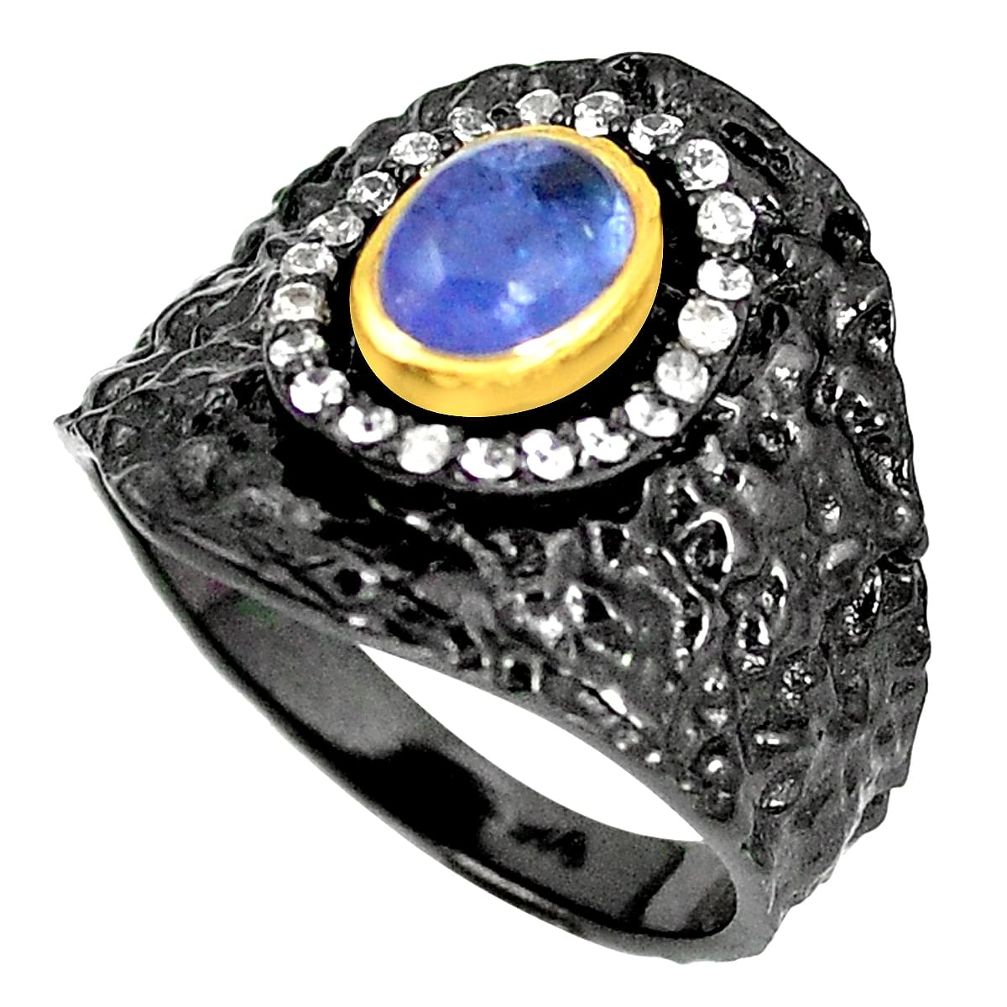 Natural blue tanzanite topaz rhodium 925 silver 14k gold ring size 8 m38877