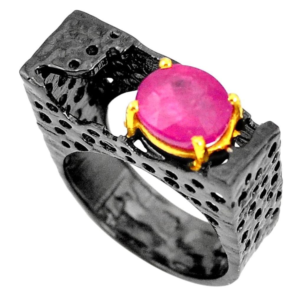 Natural red ruby black rhodium 925 sterling silver 14k gold ring size 6.5 m38883