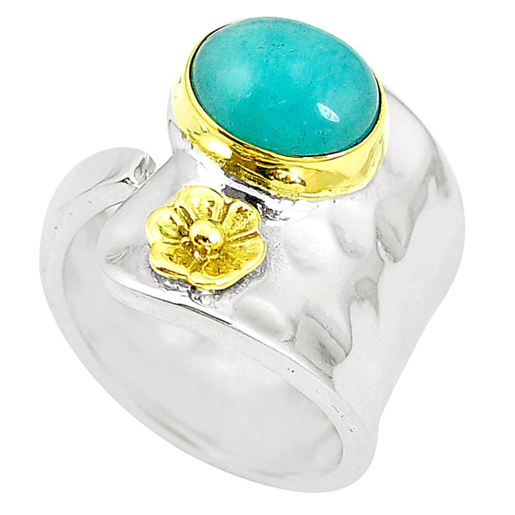Natural peruvian amazonite 925 silver two tone adjustable ring size 6.5 m39714