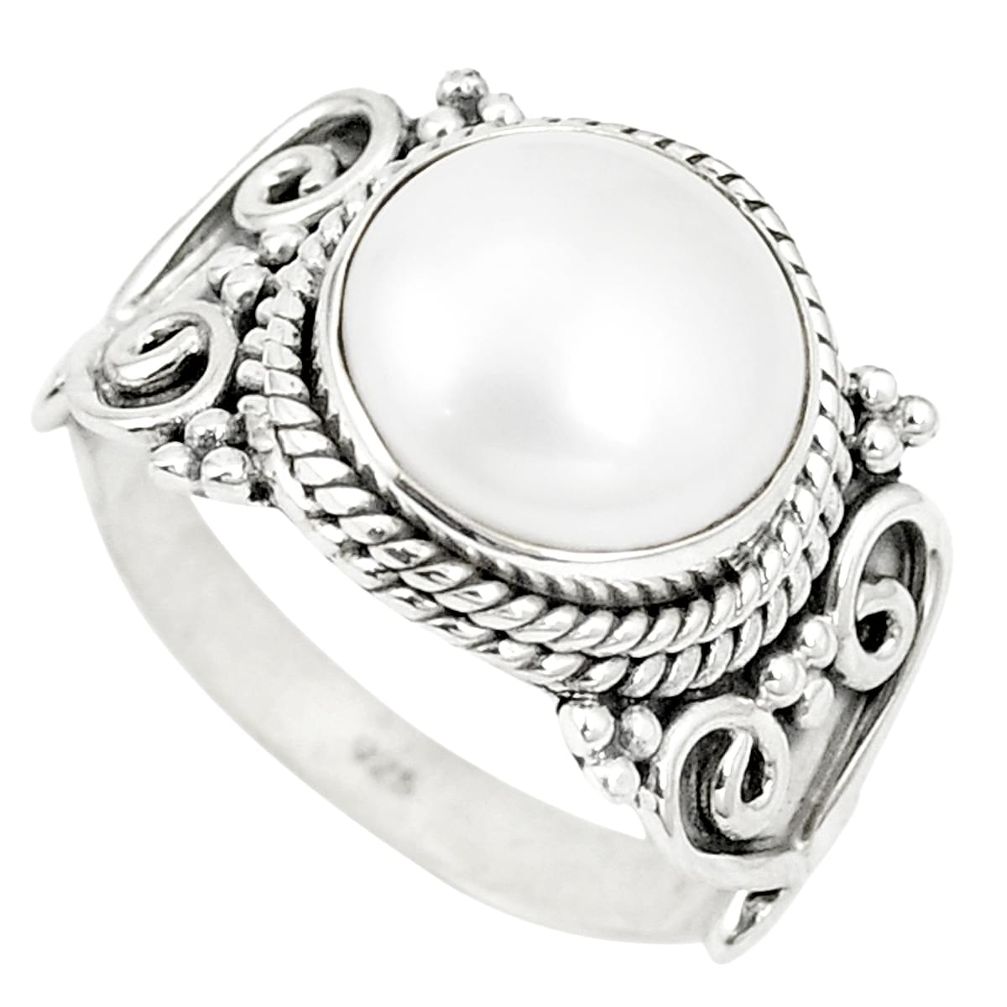 Natural white pearl round 925 sterling silver ring jewelry size 7.5 m40493