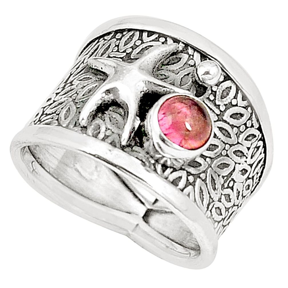 Natural pink tourmaline 925 silver star fish ring jewelry size 7.5 m40663