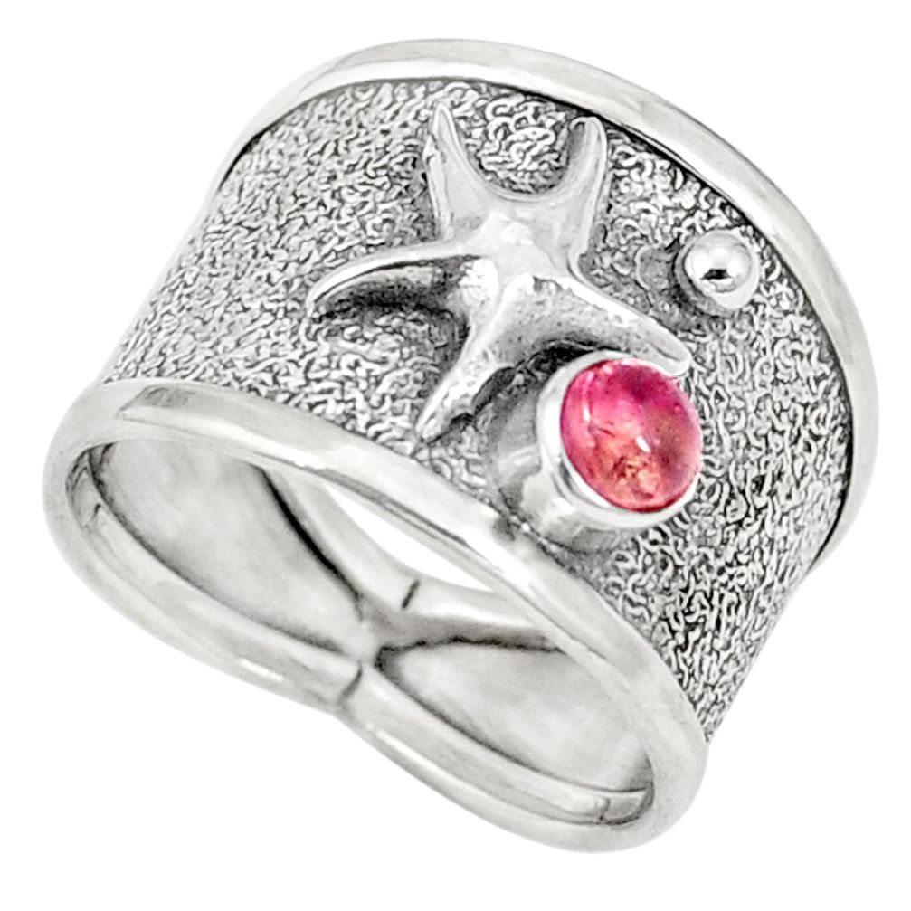 Natural pink tourmaline 925 sterling silver star fish ring size 7 m40690