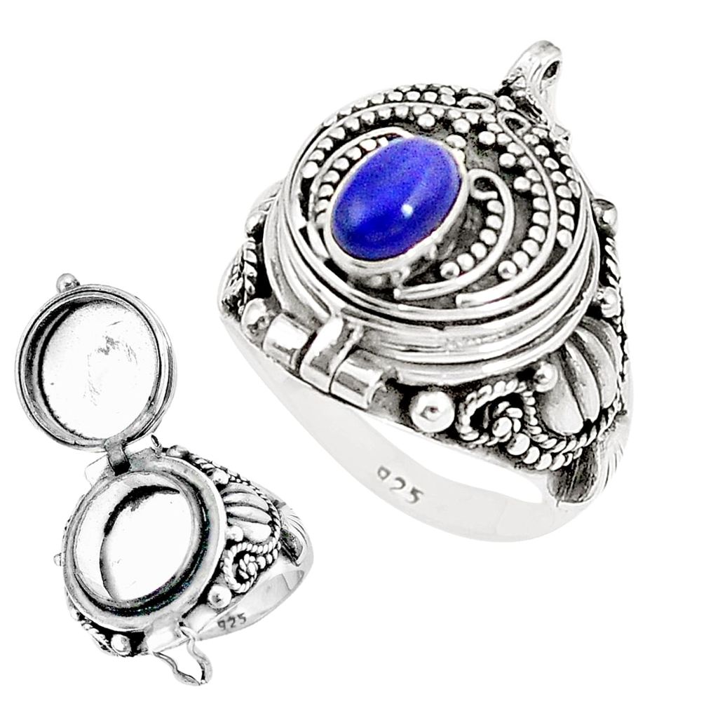 Natural blue lapis lazuli 925 silver poison box ring jewelry size 8.5 m41015