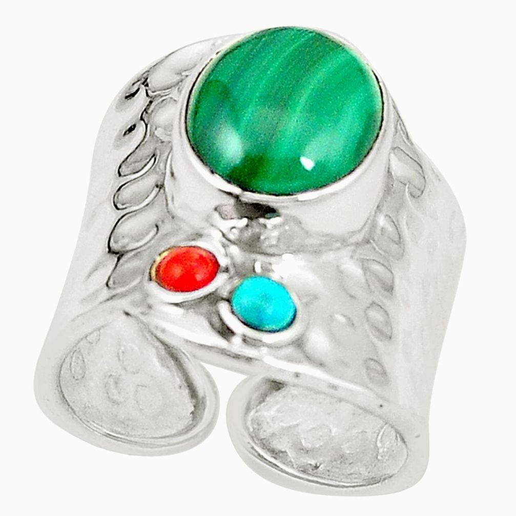 Natural green malachite (pilot's stone) 925 silver adjustable ring size 7 m42242