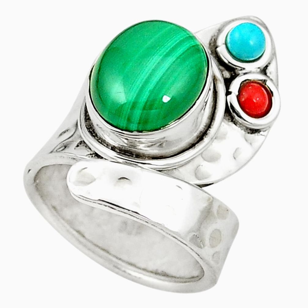 Natural green malachite (pilot's stone) 925 silver adjustable ring size 4 m42280
