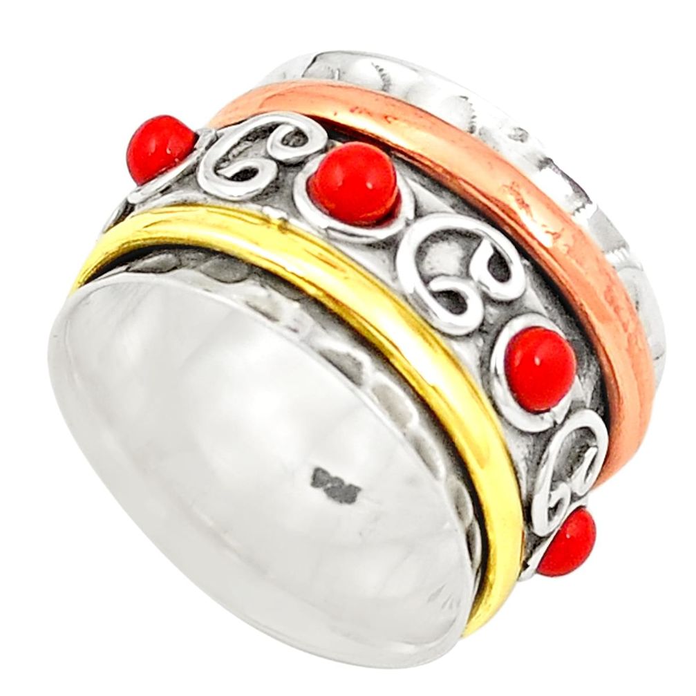 Victorian red coral 925 silver two tone spinner band ring size 6.5 m42687