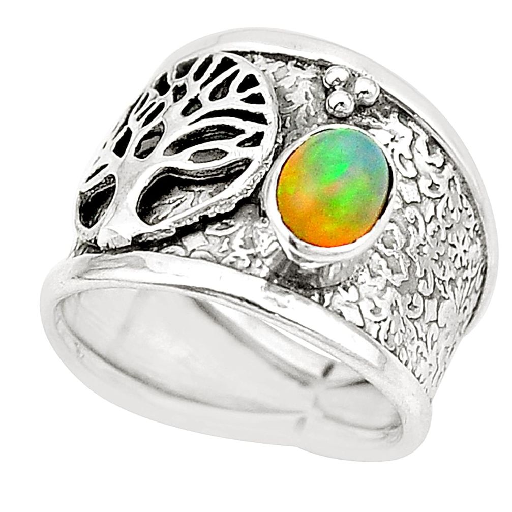 925 silver natural multi color ethiopian opal tree of life ring size 6 m43304