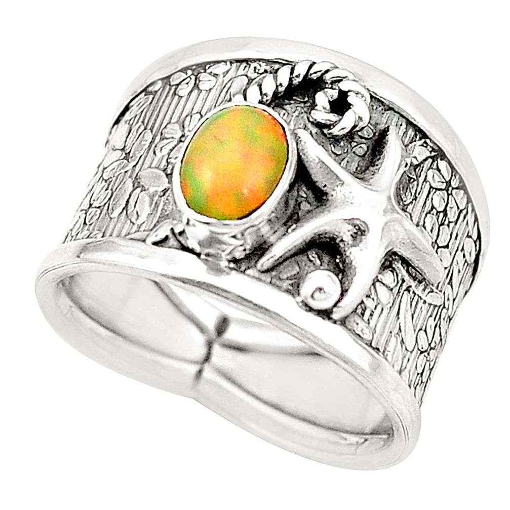 Natural multi color ethiopian opal 925 silver star fish ring size 7.5 m43308