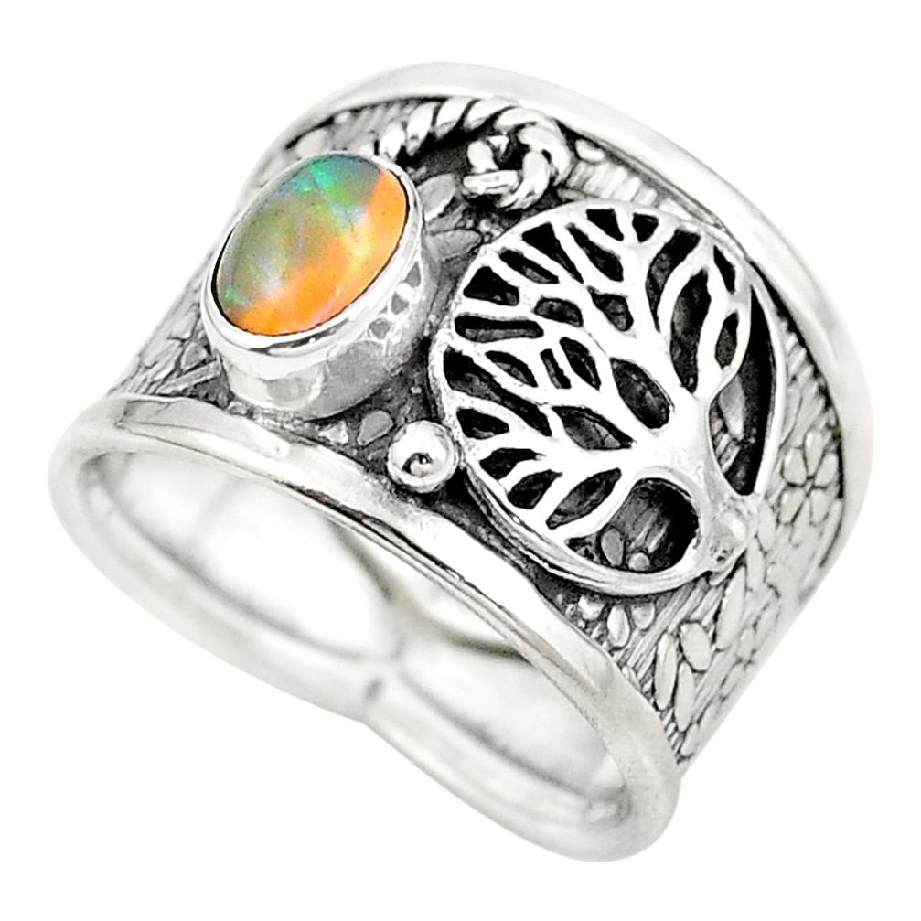 Natural multi color ethiopian opal 925 silver tree of life ring size 7 m43321