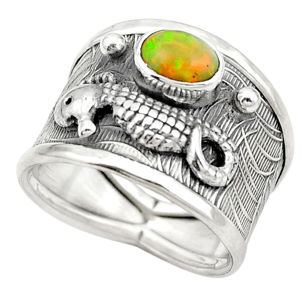 Natural multi color ethiopian opal 925 silver seahorse ring size 7.5 m43361