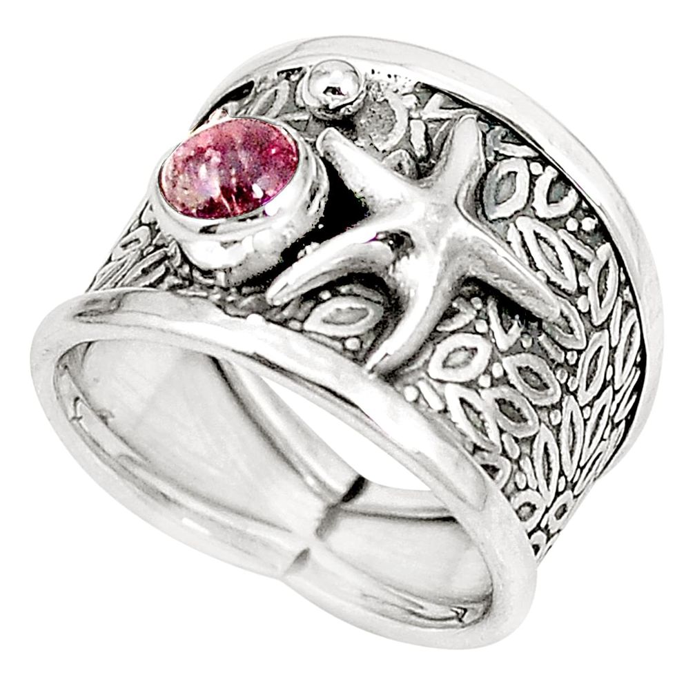 Natural pink tourmaline 925 silver star fish ring jewelry size 6.5 m44693