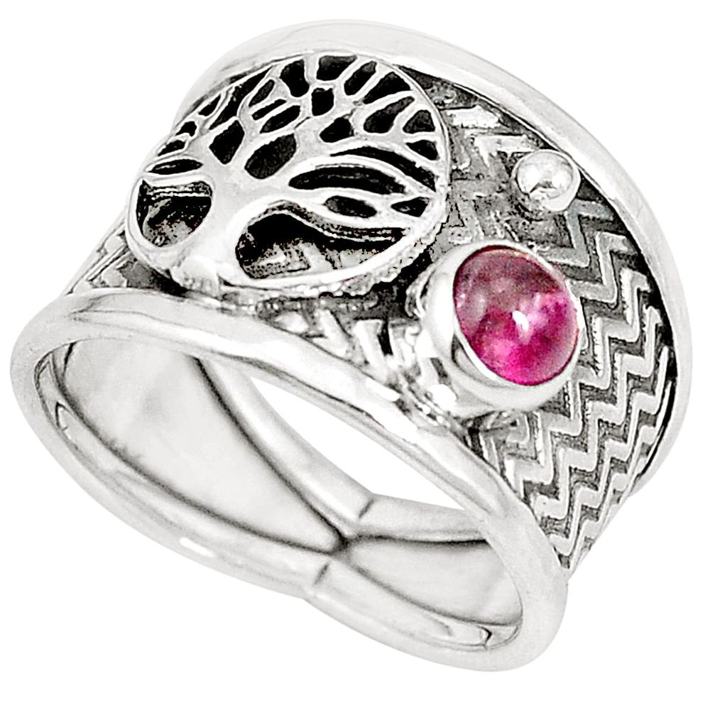 Natural pink tourmaline 925 silver tree of life ring jewelry size 8 m44697