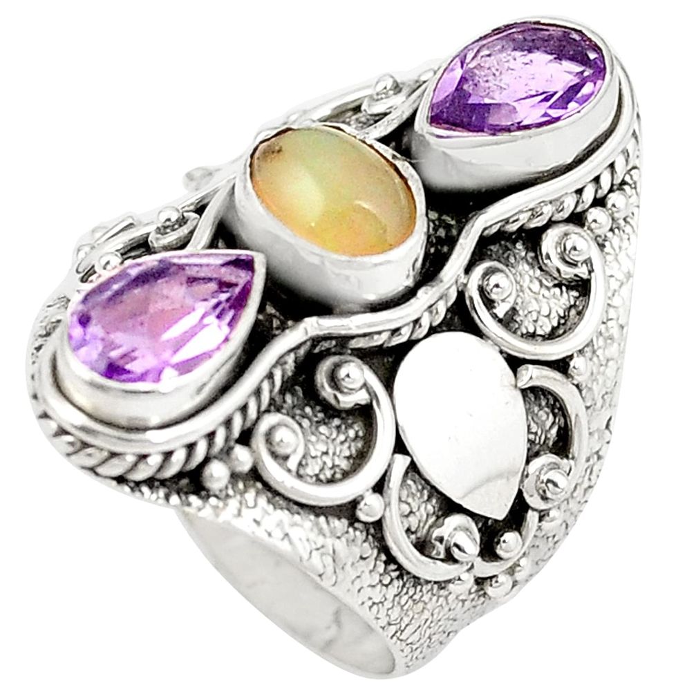 925 silver natural 3 stone ethiopian opal amethyst ring size 7.5 m44793