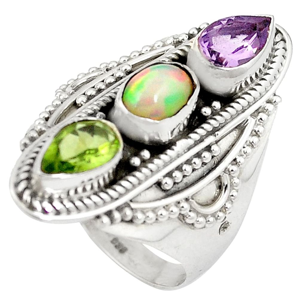 Natural multi color ethiopian opal amethyst 925 silver ring size 8 m44803