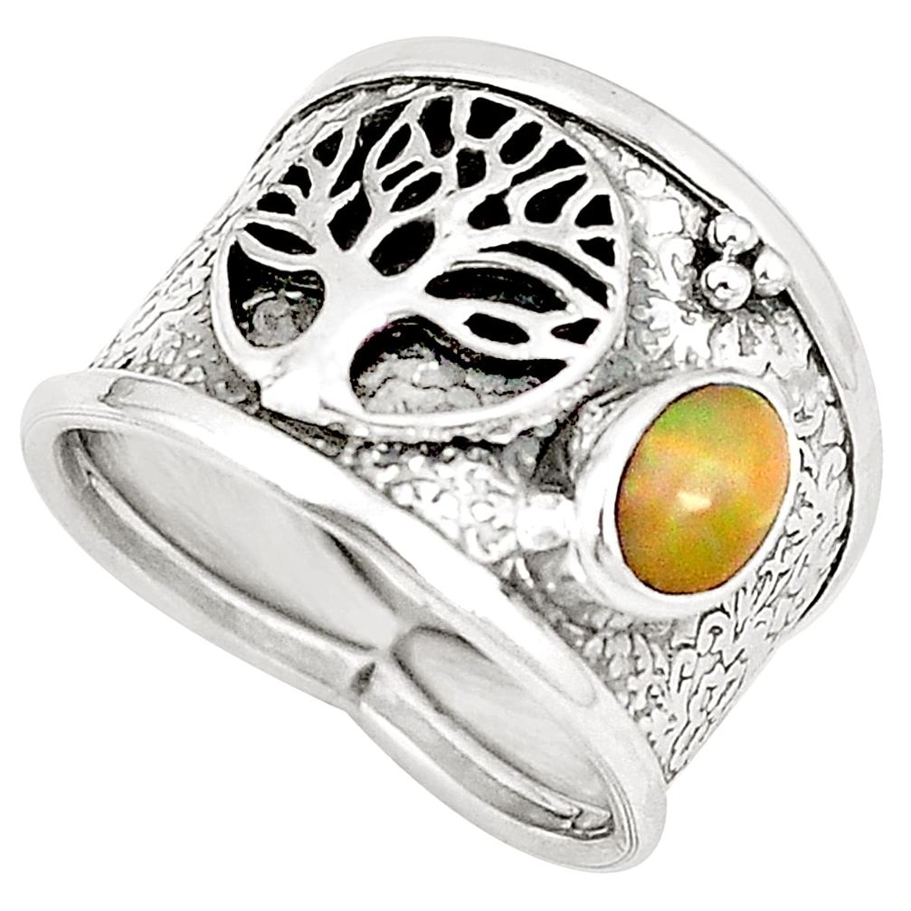 Natural multi color ethiopian opal 925 silver tree of life ring size 7 m44856