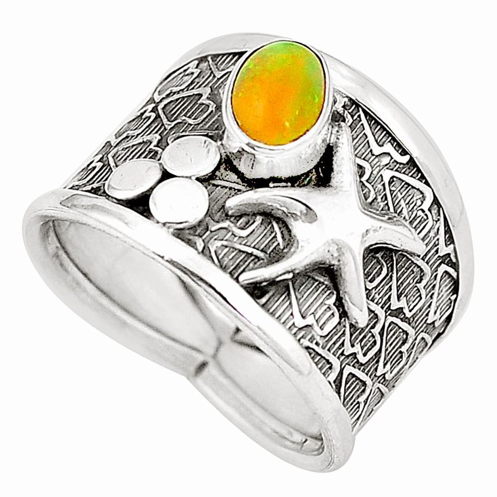 Natural multi color ethiopian opal 925 silver star fish ring size 8 m44862