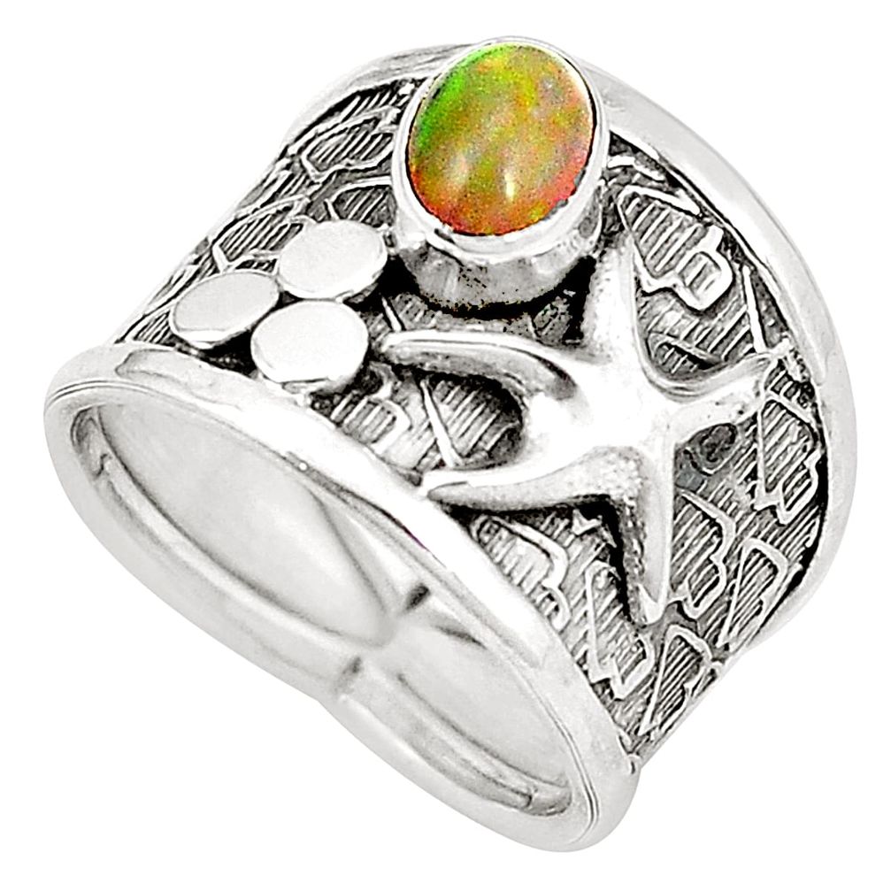 Natural multi color ethiopian opal 925 silver star fish ring size 6 m44867