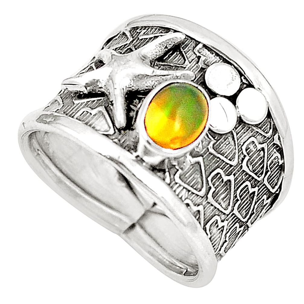Natural multi color ethiopian opal 925 silver star fish ring size 7.5 m44875