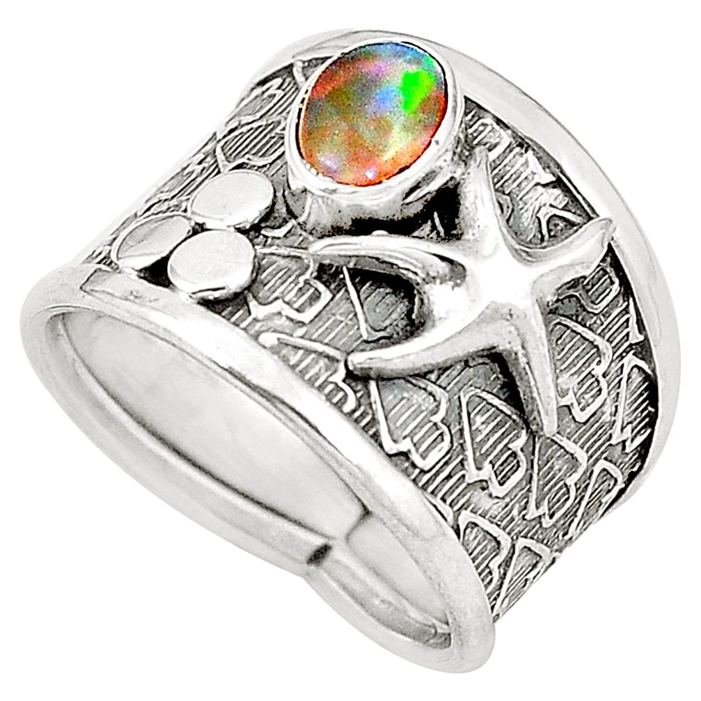 Natural multi color ethiopian opal 925 silver star fish ring size 7 m44880