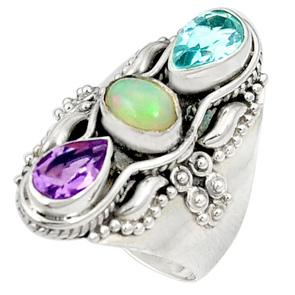 Natural multi color ethiopian opal amethyst 925 silver ring size 7 m45572