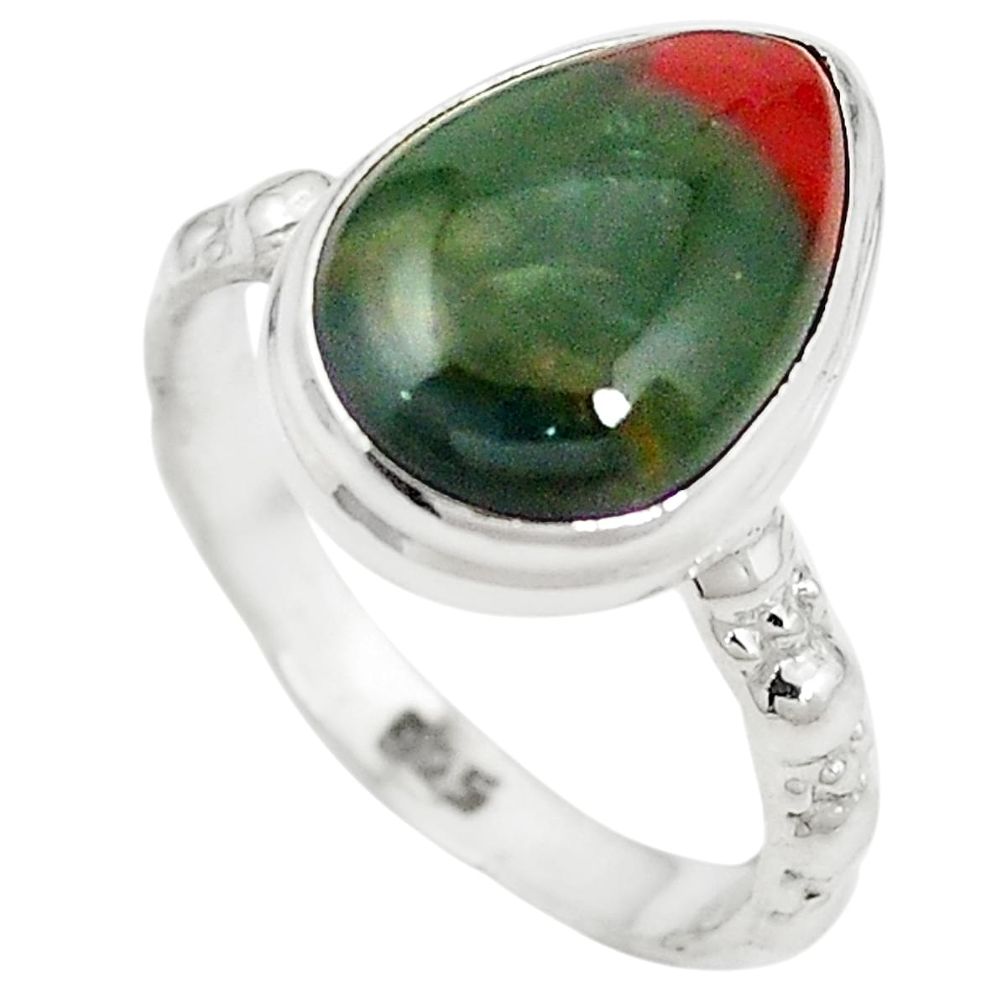 Natural green bloodstone african (heliotrope) 925 silver ring size 7 m46453