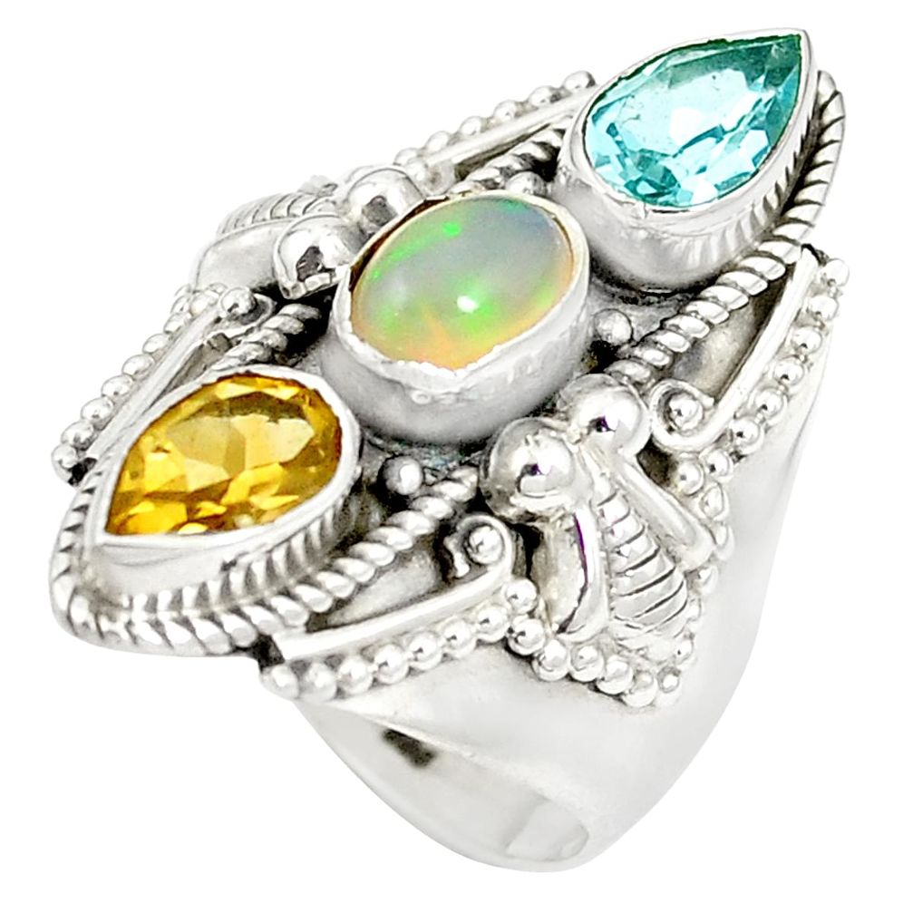 Natural multi color ethiopian opal citrine 925 silver ring size 8 m47369