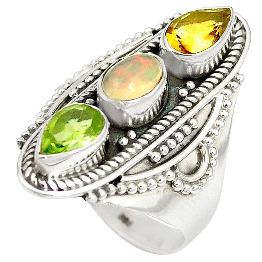 Natural multi color ethiopian opal peridot 925 silver ring size 8 m47370