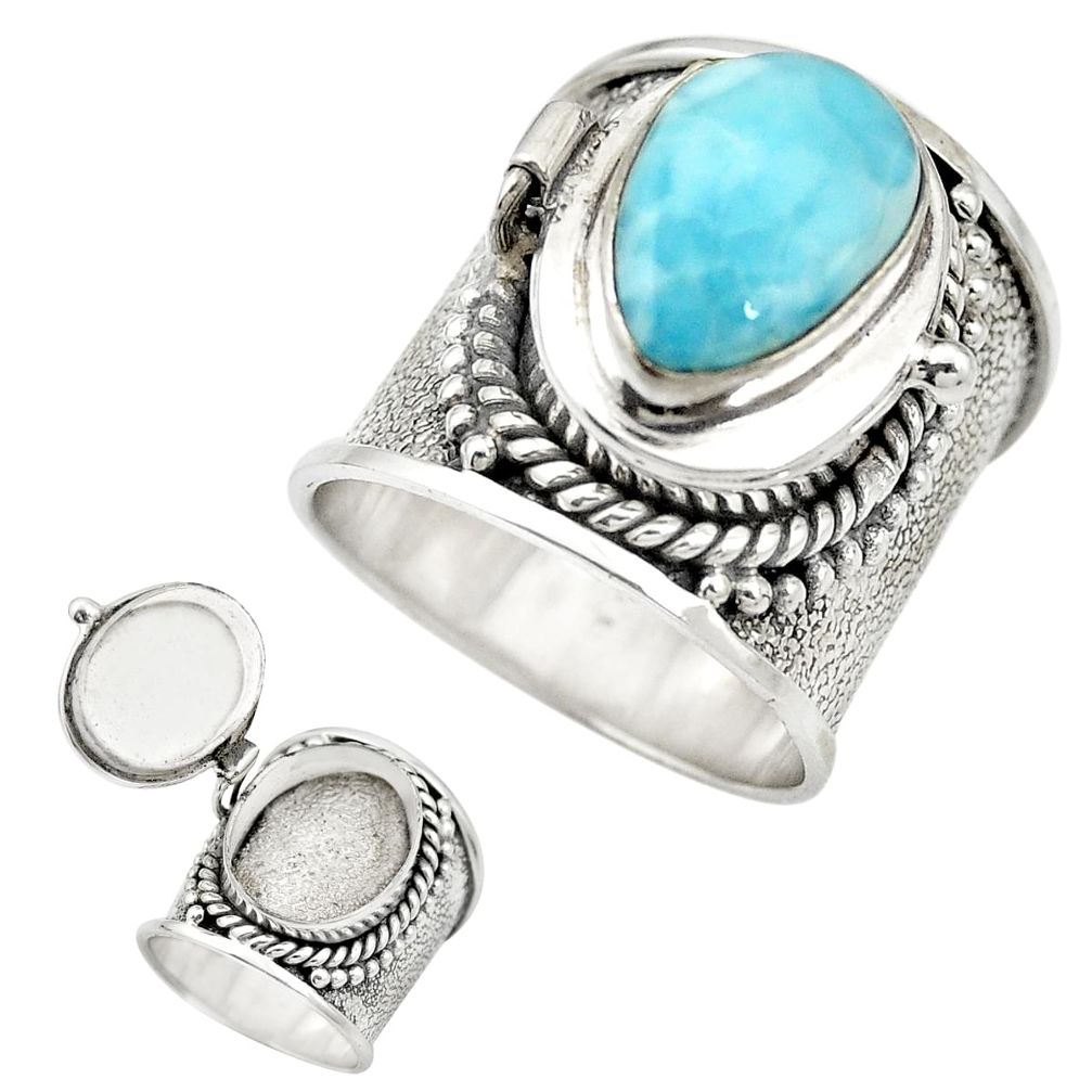 Natural blue larimar 925 sterling silver poison box ring jewelry size 8.5 m49622