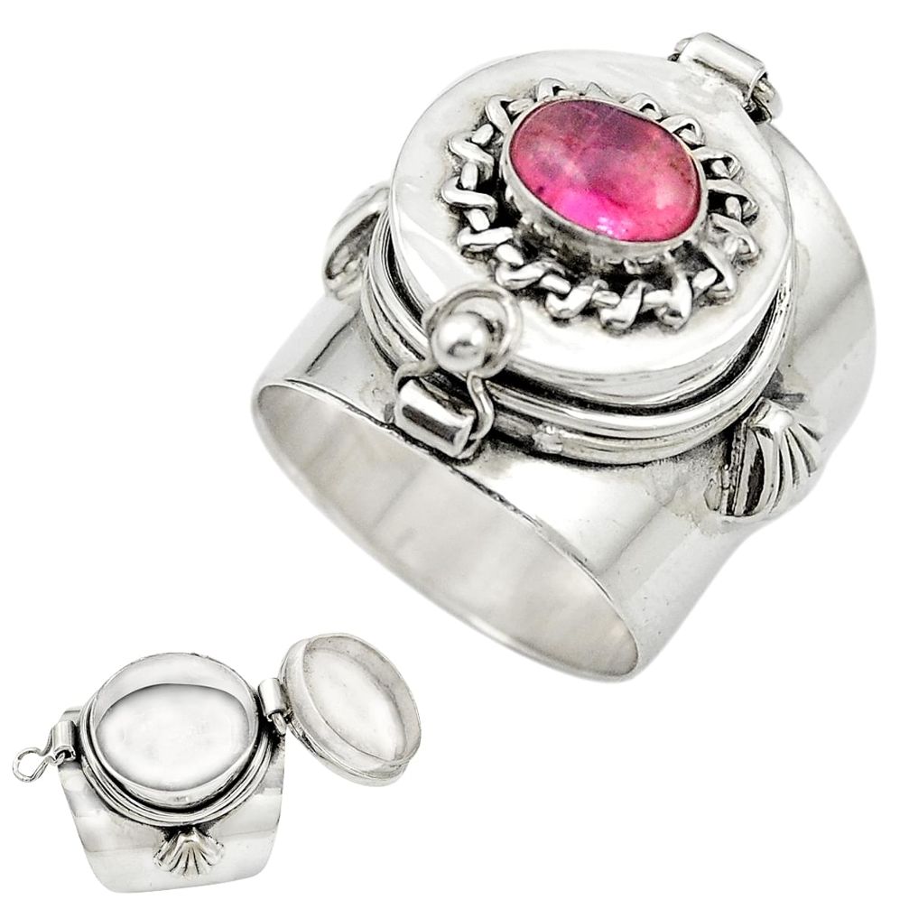 925 sterling silver natural pink tourmaline poison box ring size 8 m49651