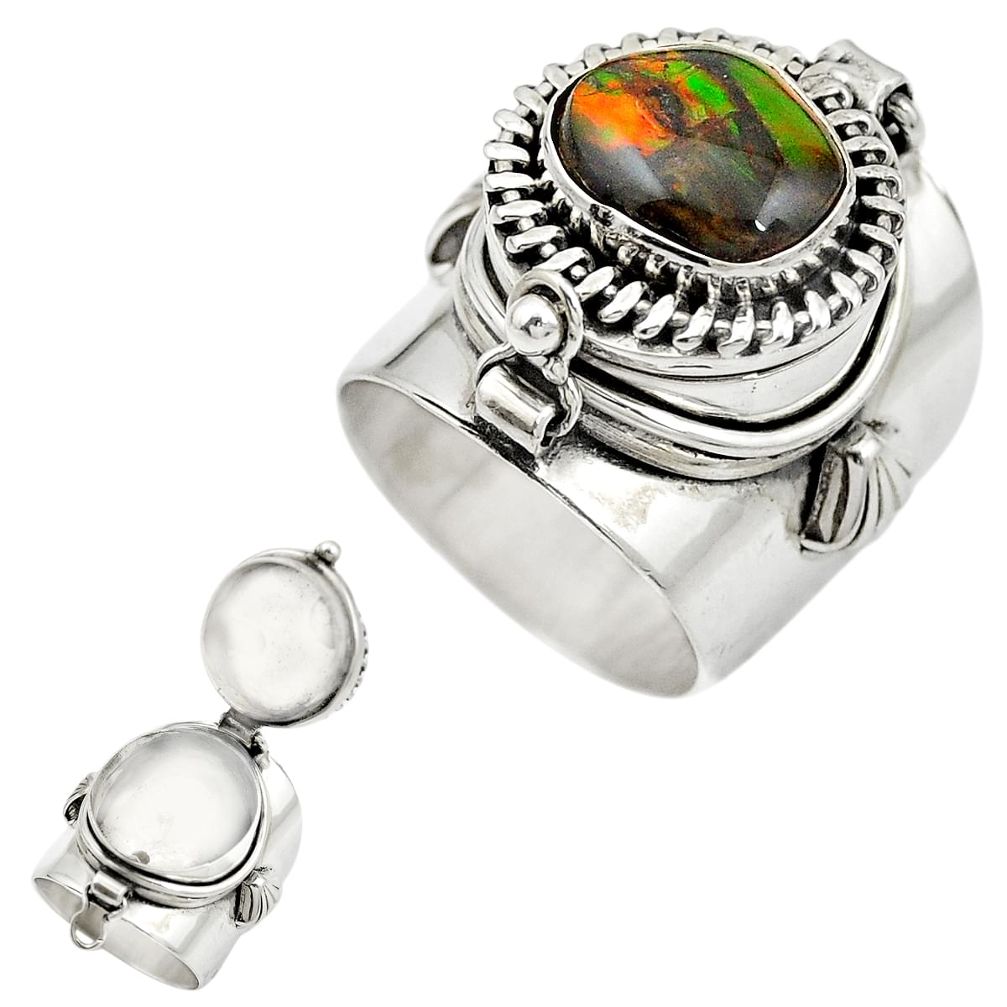 Natural ammolite (canadian) 925 silver poison box ring size 6.5 m49703