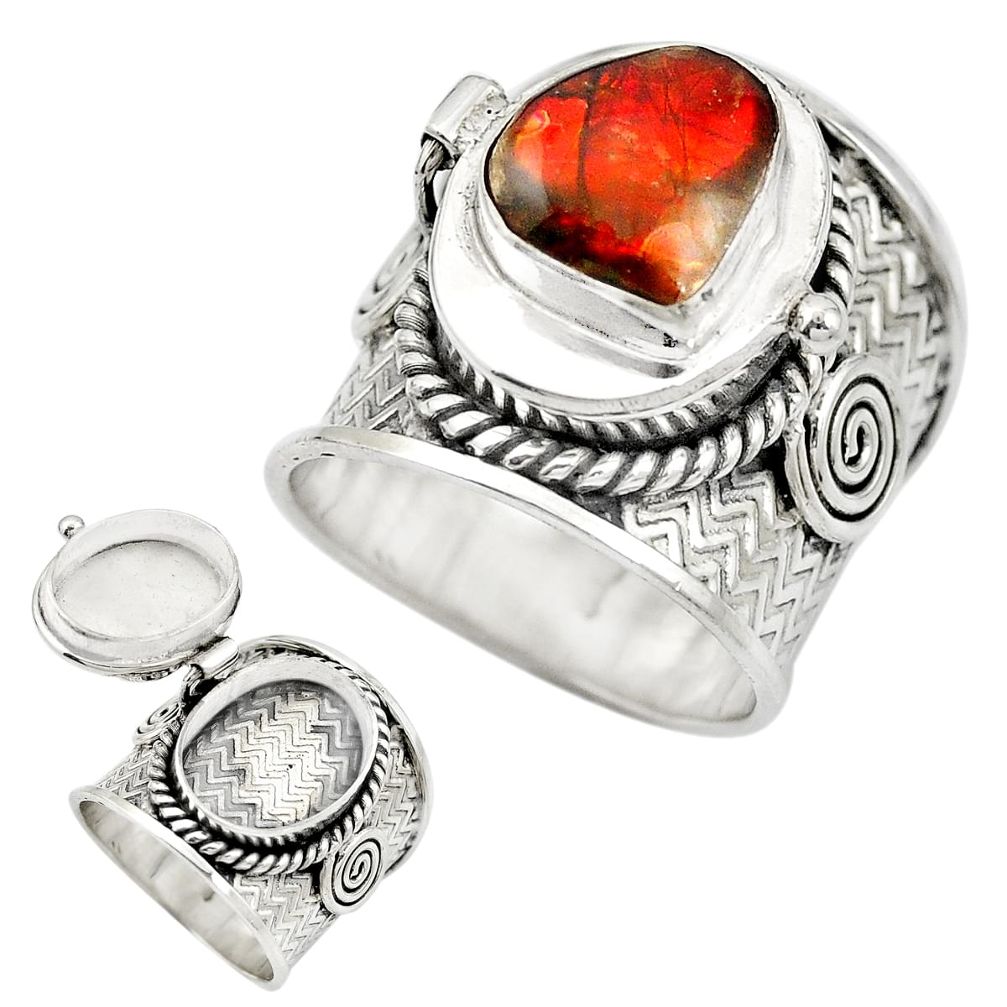 925 silver natural ammolite (canadian) poison box ring jewelry size 8.5 m49720