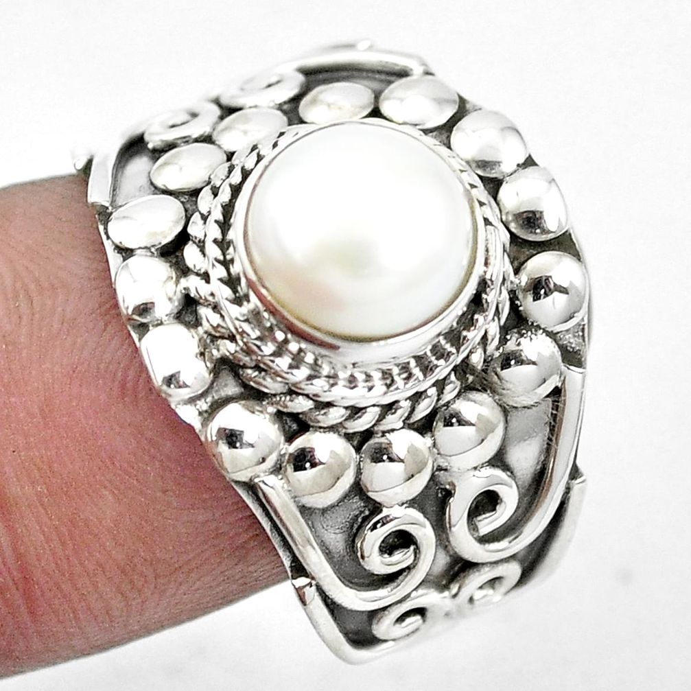 Natural white pearl round 925 sterling silver ring jewelry size 9 m50419
