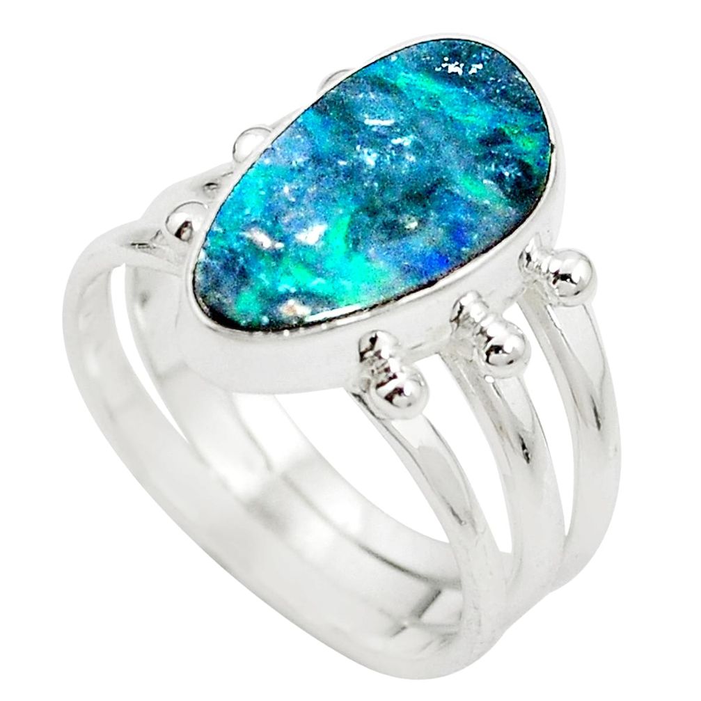 Natural blue doublet opal australian 925 silver ring size 7 m50579