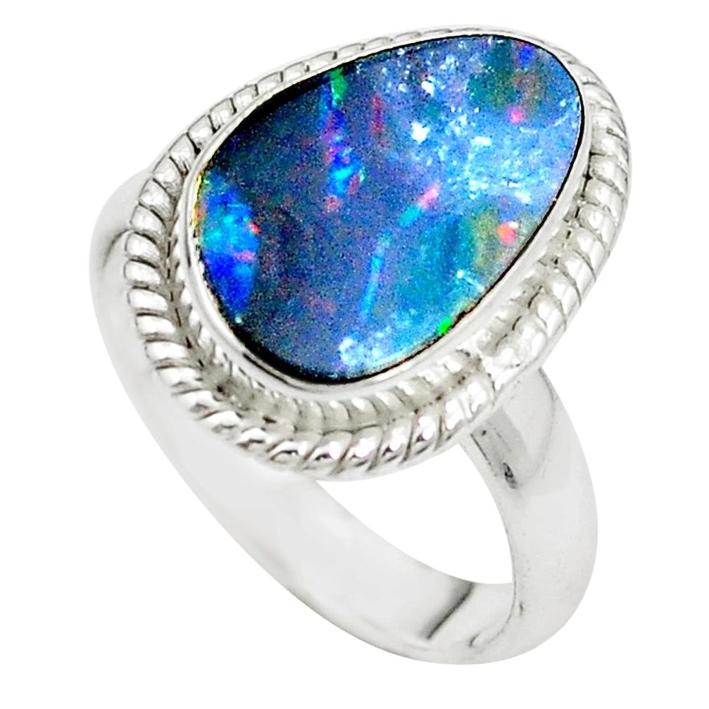 Natural blue doublet opal australian 925 silver ring size 6 m50583