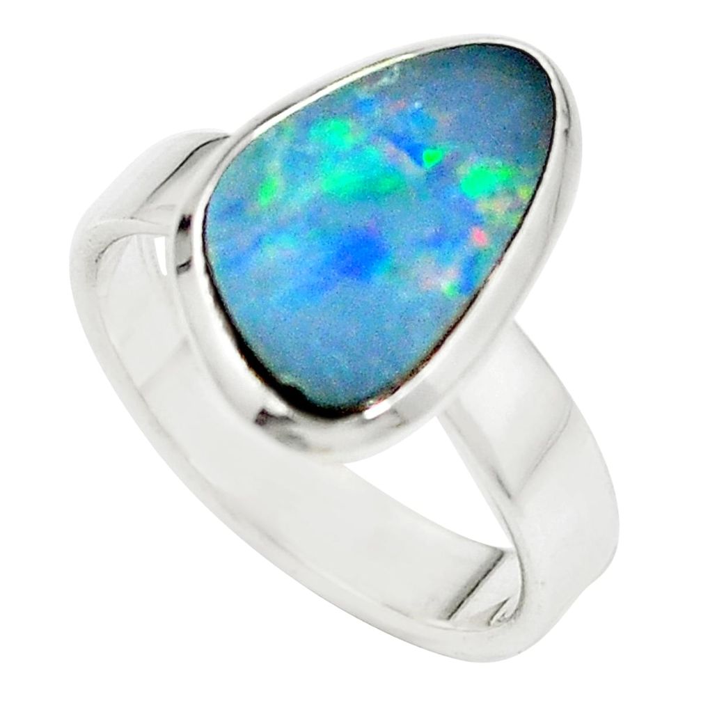 Natural blue doublet opal australian 925 silver ring size 8 m50587
