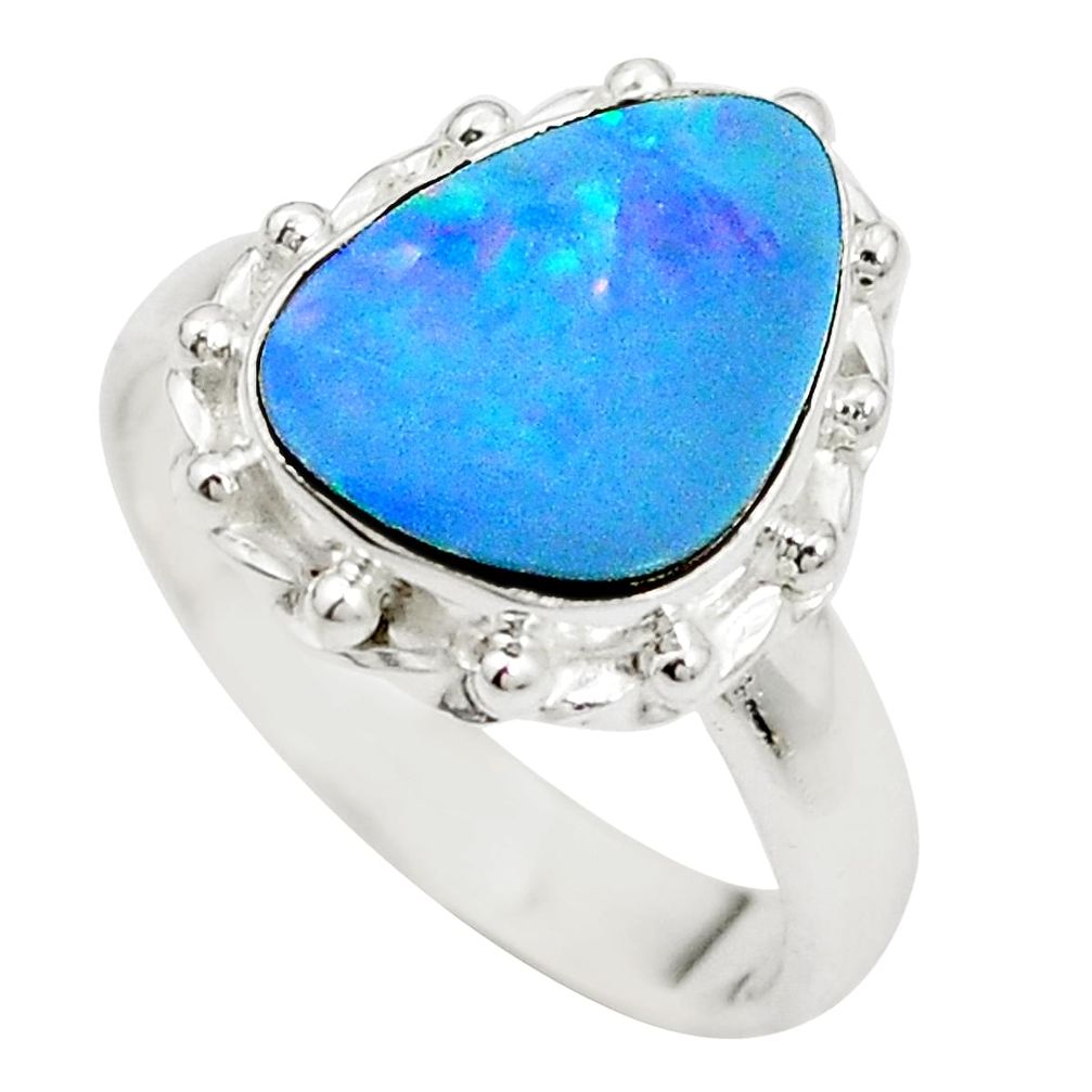 Natural blue doublet opal australian 925 silver ring size 7 m50592