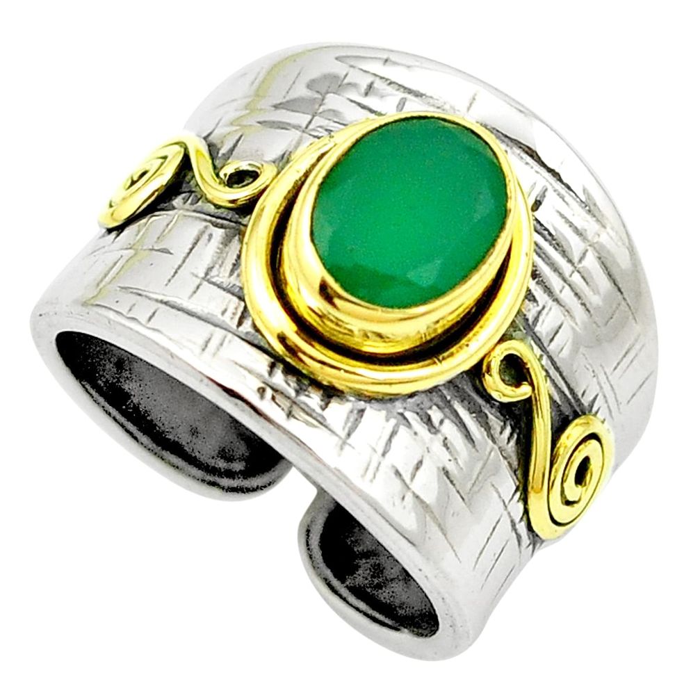 Natural green chalcedony 925 silver 14k gold adjustable ring size 8 m51590