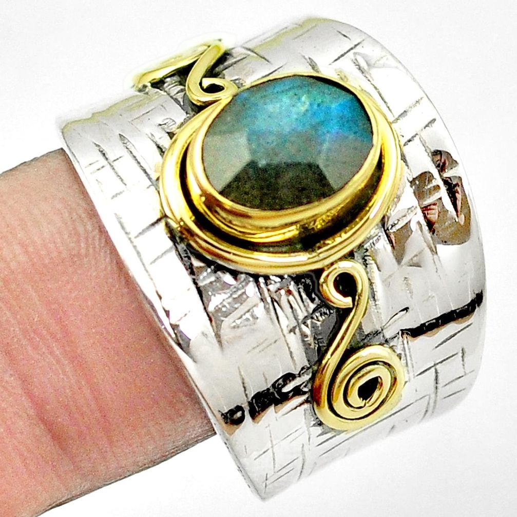 Natural blue labradorite 925 silver 14k gold adjustable ring size 9 m51593