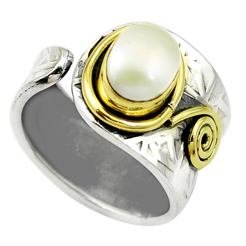 Natural white pearl 925 silver 14k gold adjustable ring size 7.5 m51616